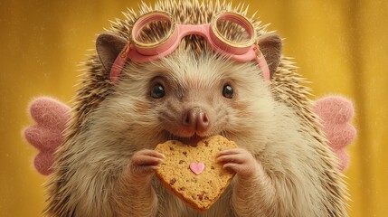 Romantic hedgehog with tiny cupid wings and pink goggles nibbling a love letter cookie, V-Day fun, vibrant yellow
