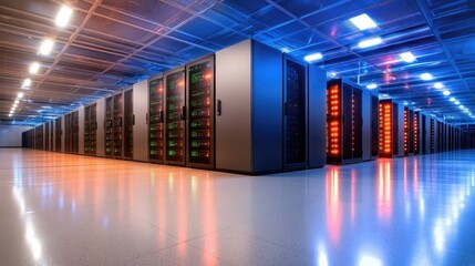 A vast server room filled with rows of computer servers, illuminated by vibrant blue and orange lights, reflecting on the polished floor.  The ceiling is high and intricate