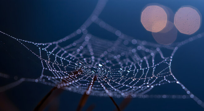 Close-up of a spider web covered in water droplets with a blue background