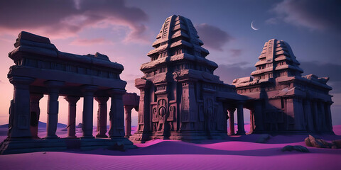 Surreal Landscape with Majestic Temples at Dusk

