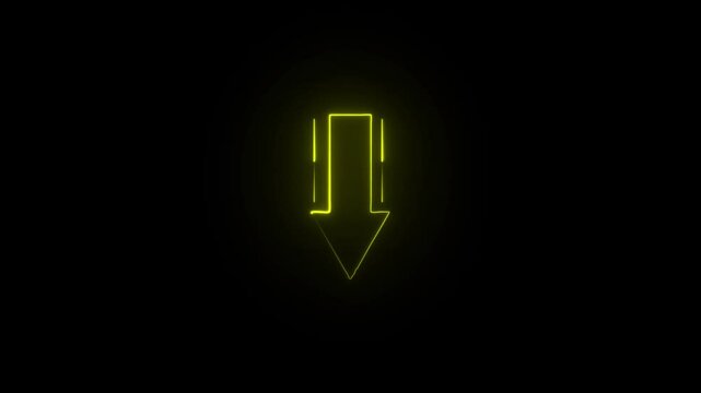 Glowing neon done arrow with Financial growing done concept neon icon animated on black background. upward and transparent white swipe down pointing arrow icon.