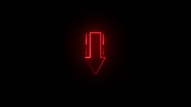 Glowing neon done arrow with Financial growing done concept neon icon animated on black background. upward and transparent white swipe down pointing arrow icon.