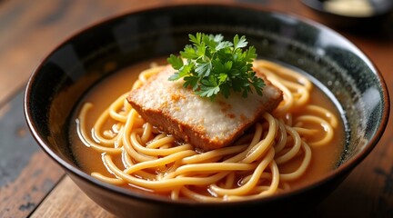 Delicious Bowl of Ramen Noodles with Soft-Boiled Egg and Fresh Garnish