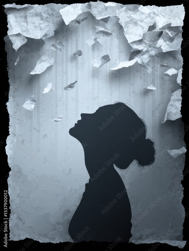 Aufkleber torn thoughts cascade like rain over a silhouette in a blank space, inviting contemplation and explo