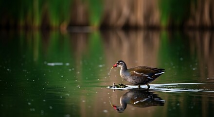 Moorhen Walking on Water with Reflection and Serene Green Background