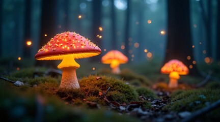 Glowing Mushrooms in an Enchanted Forest with Sparkling Lights
