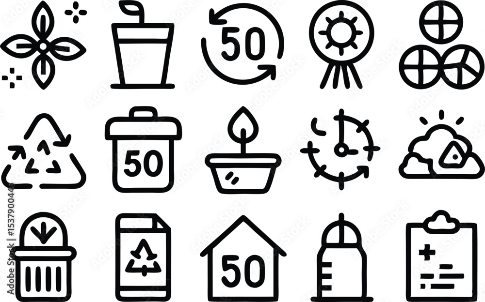 Poster a single line icon set depicting sustainability and recycling practices for design projects