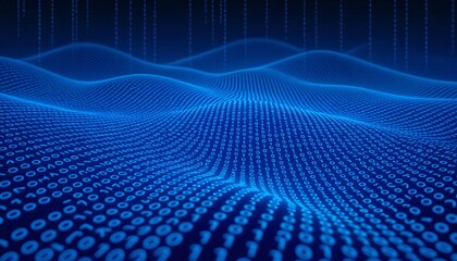 Blue Digital Wave Pattern with Flowing Binary Code on a Dark Background