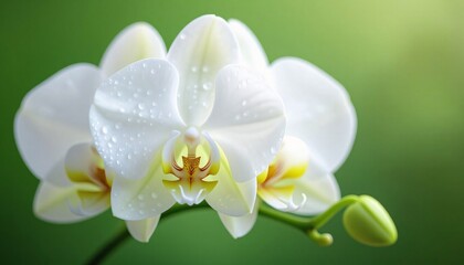 White Orchid in Full Bloom with Dew Drops on a Soft Green Background