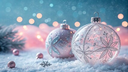 Shiny gold and silver Christmas baubles on snow, festive winter holiday decoration