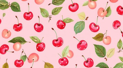 Seamless pattern with cherries on a pink background, flat lay.