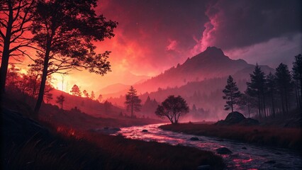 Breathtaking mountain landscape at sunrise or sunset, with vibrant orange and red clouds painting the sky