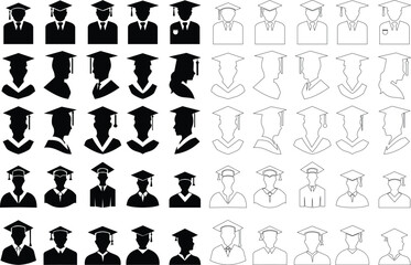 Student icon set vector black filled and outlined style. student with graduation cap ,successful completion of graduation academic wear educational concept element university avatar hope for the best