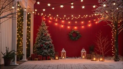 A festive Christmas tree adorned with shimmering lights stands bright against the winter night, a golden star crowning its celebratory decoration