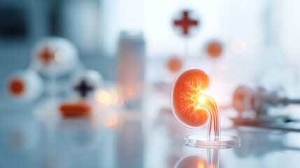 Close-up of healthy human kidney with glowing golden light symbolizing healing and recovery, medical and healthcare concept for organ donation, transplant surgery, urology and nephrology.	