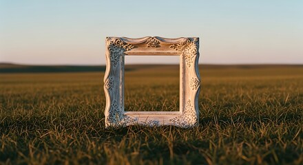 Ornate Frame in a Field at Sunset Representing Freedom and Peace