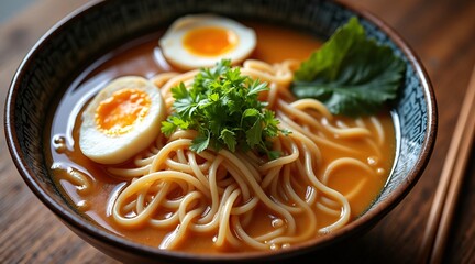 Delicious Bowl of Ramen Noodles with Soft-Boiled Egg and Fresh Garnish