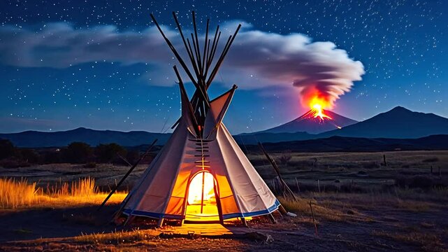 A majestic volcanic eruption illuminates the night sky behind a traditional teepee in a serene landscape