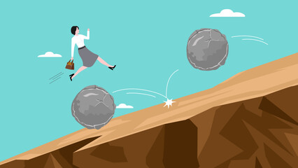 effort or adversity for business growth, overcome obstacle on business growth for career success, leadership skill concept, businesswoman jump over falling boulder to climb up hill of success © Vanz Studio