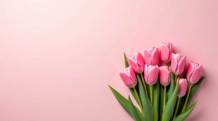 Fototapeta premium Bouquet of Pink Tulips on a Pink Background