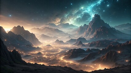 Majestic sunrise over a cloud-kissed mountain landscape, bathing the sky in soft blue and golden light