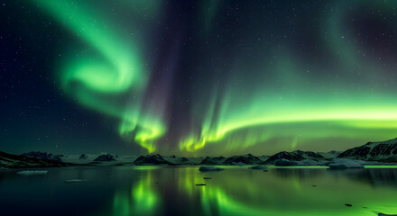 Spectacular Northern Lights Display Over a Frozen Lake and Mountains, Aurora Borealis