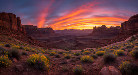 Fototapeta premium Spectacular Sunset Over Desert Canyon with Vivid Colors and Stunning Scenery