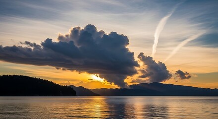 Peaceful lake view with dramatic clouds and setting sun reflecting off water