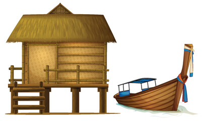 Traditional Thai Hut and Longtail Boat Illustration