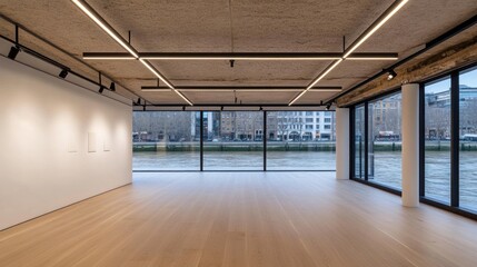 Fototapeta premium Modern gallery space with river views.