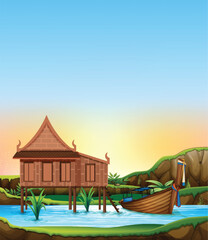 Traditional Thai House by Riverside at Sunset