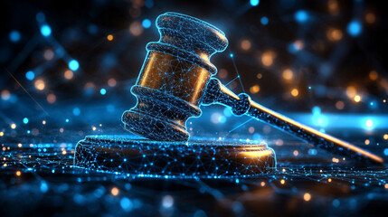 Digital gavel made of glowing lines and nodes on a dark background with caption space—symbolizing justice, modern law, legal tech, digital governance, and the future of legal systems.
