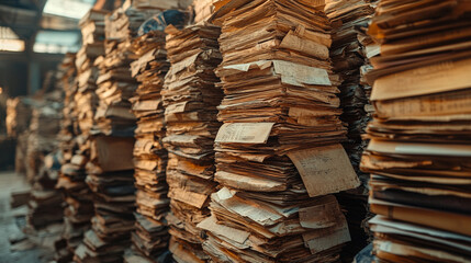 Tall stacks of disorganized papers represent data overload and the urgent need for efficient archiving and digital solutions. A visual metaphor for information chaos and organizational pressure.

