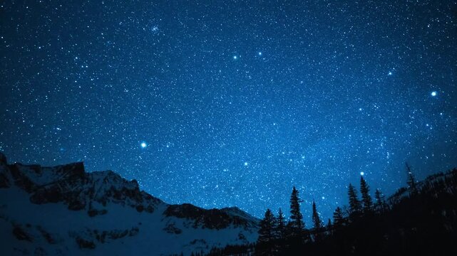 Bright stars over winter mountain peaks 