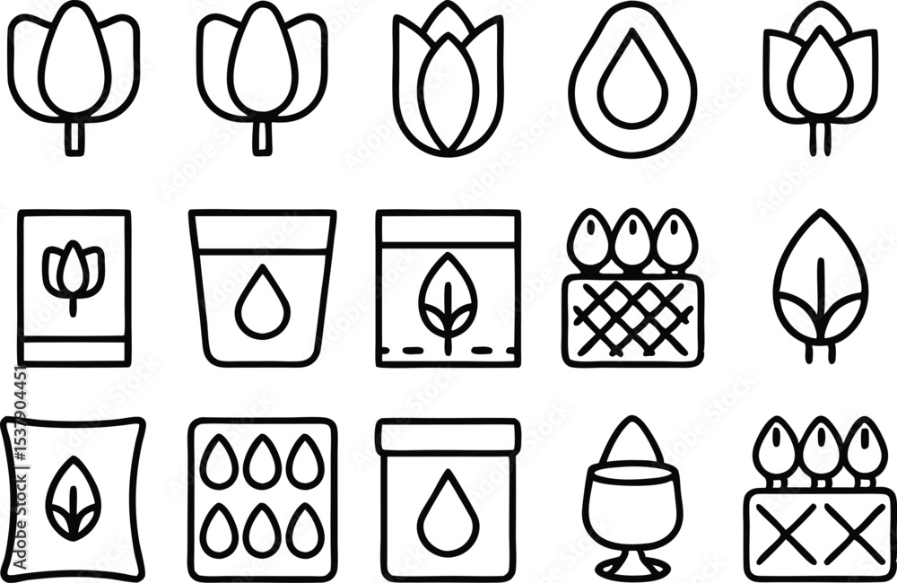 Poster outline icon set featuring a single tulip bulb design in various color options