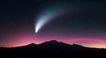 Stunning Night Sky Image Featuring a Comet Over Majestic Mountains