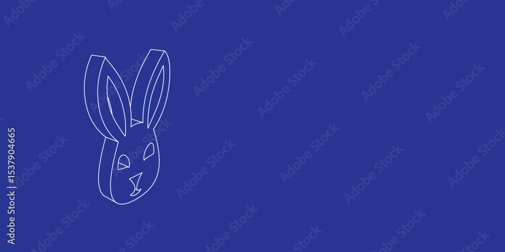 Poster the outline of a large cute hare head symbol made of white lines on the left. 3d view of the object 