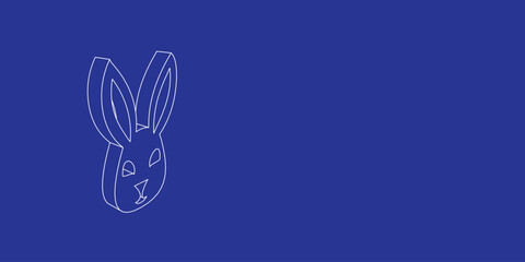 The outline of a large cute hare head symbol made of white lines on the left. 3D view of the object in perspective. Vector illustration on indigo background