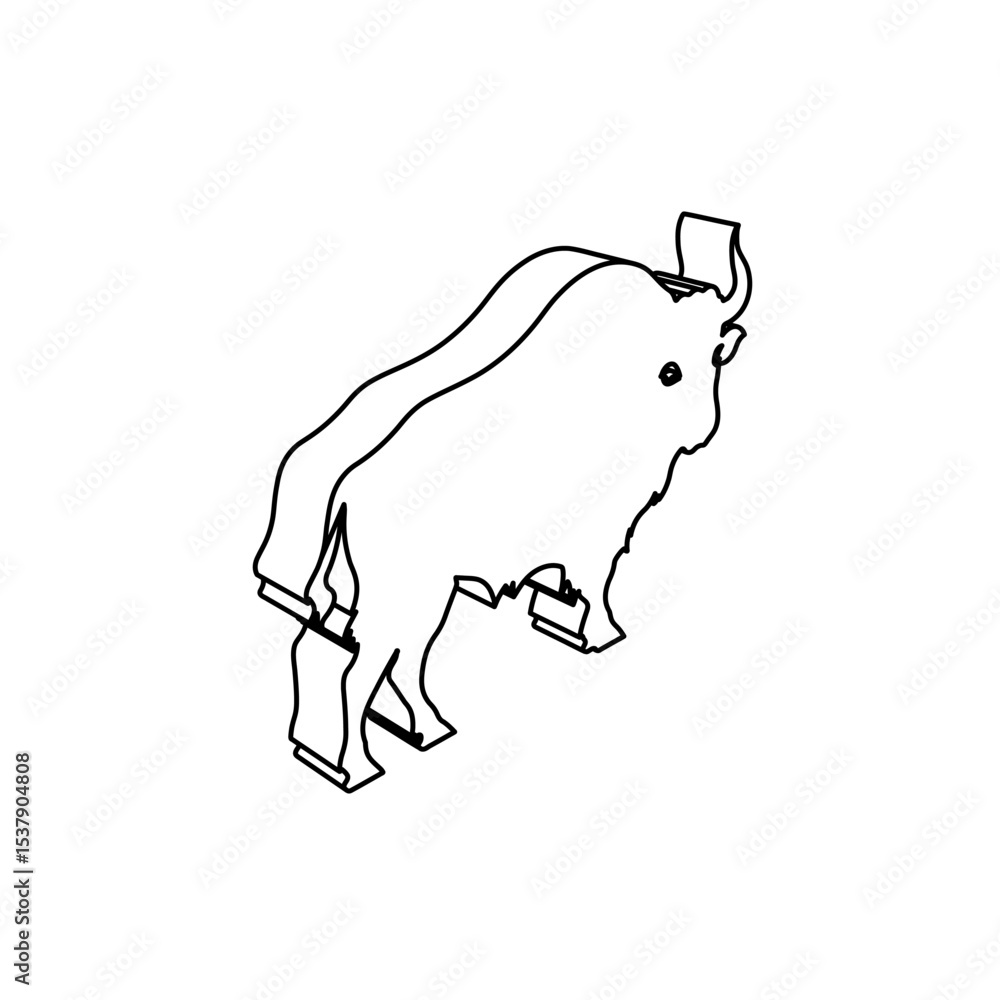 Poster the outline of a large buffalo symbol is made with black lines. 3d view of the object in perspective