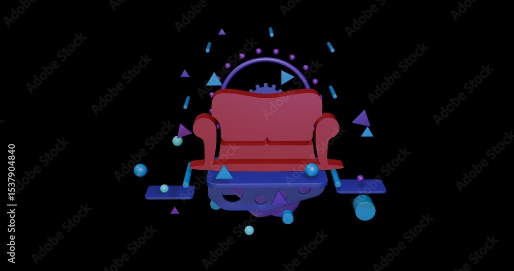 Poster red sofa symbol on a pedestal of abstract geometric shapes floating in the air. abstract concept art