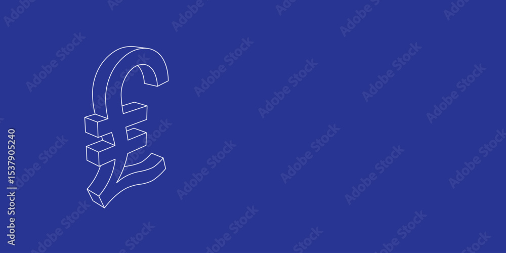 Poster the outline of a large lira symbol made of white lines on the left. 3d view of the object in perspec
