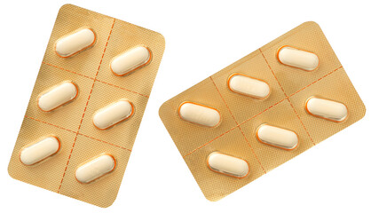 White pills in the plastic blister, isolated on white background, top view.