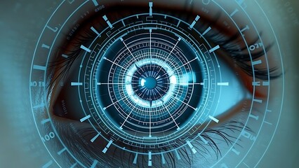 Obraz premium Futuristic AI Eye with Digital Biometric Scan Interface: Highlighting Advanced Biometric Identification, Iris Recognition Technology, Data Security, and Next-Generation Digital Identity Solutions