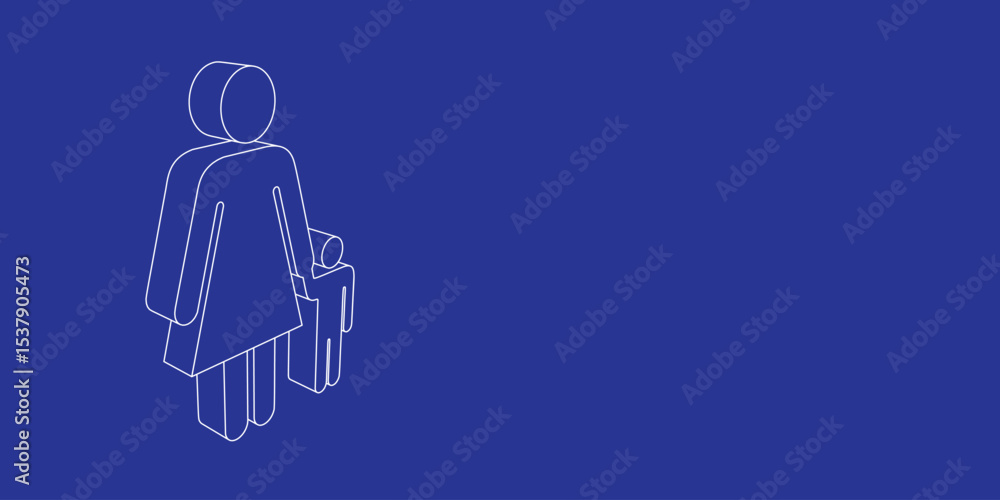 Aufkleber the outline of a large woman with child symbol made of white lines on the left. 3d view of the objec