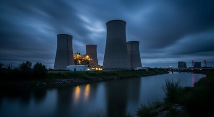 Power Station Cooling Towers Reflecting in Calm Water at Dusk