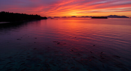 Naklejka premium Stunning sunset over the ocean with silhouettes of land and vibrant colors