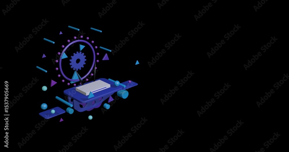 Poster white router symbol on a pedestal of abstract geometric shapes floating in the air. abstract concept