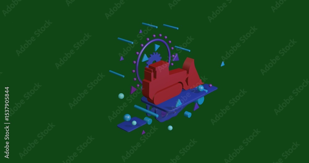 Aufkleber red bulldozer symbol on a pedestal of abstract geometric shapes floating in the air. abstract concep