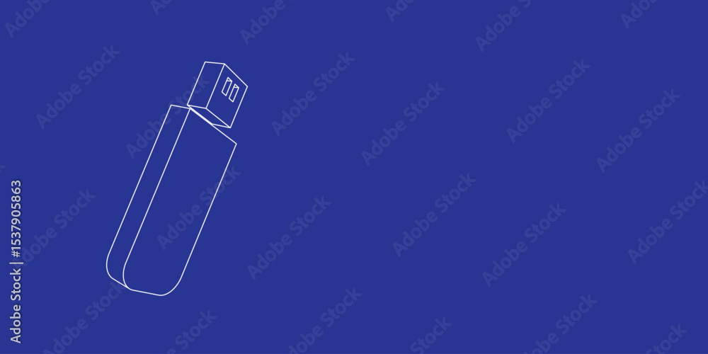 Poster the outline of a large flash drive made of white lines on the left. 3d view of the object in perspec