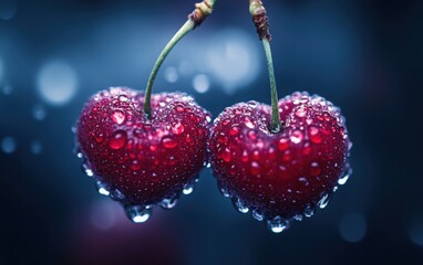 fresh red cherries with water drops on dark background close-up